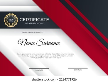 Certificate of appreciation template, gold and red color. Clean modern certificate with gold badge. Certificate border template with luxury and modern line pattern. Business vector template
