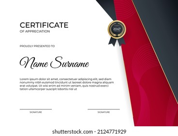 Certificate of appreciation template, gold and red color. Clean modern certificate with gold badge. Certificate border template with luxury and modern line pattern. Business vector template