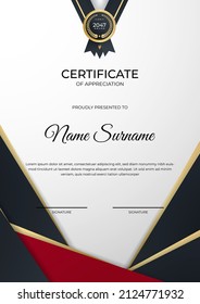 Plantilla de certificado de apreciación, dorado y color rojo. Certificado moderno limpio con insignia de oro. Plantilla de borde de certificado con diseño de línea de lujo y moderno. Plantilla de vector de negocio