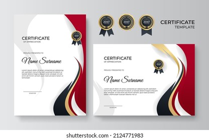 Certificate of appreciation template, gold and red color. Clean modern certificate with gold badge. Certificate border template with luxury and modern line pattern. Business vector template