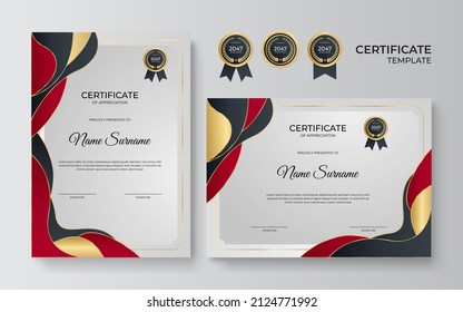 Certificate of appreciation template, gold and red color. Clean modern certificate with gold badge. Certificate border template with luxury and modern line pattern. Business vector template