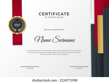 Certificate of appreciation template, gold and red color. Clean modern certificate with gold badge. Certificate border template with luxury and modern line pattern. Business vector template
