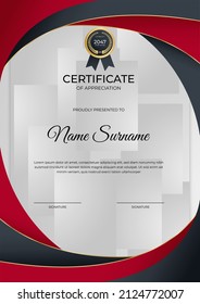 Certificate Of Appreciation Template, Gold And Red Color. Clean Modern Certificate With Gold Badge. Certificate Border Template With Luxury And Modern Line Pattern. Business Vector Template