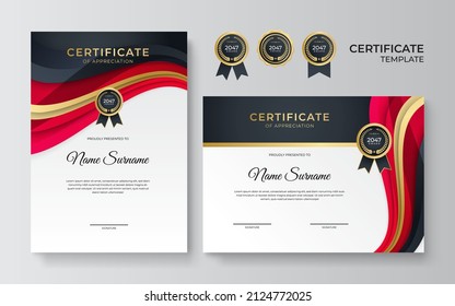 Plantilla de certificado de apreciación, dorado y color rojo. Certificado moderno limpio con insignia de oro. Plantilla de borde de certificado con diseño de línea de lujo y moderno. Plantilla de vector de negocio