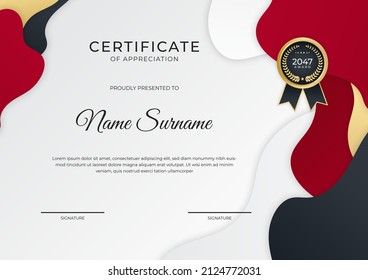 Plantilla de certificado de apreciación, dorado y color rojo. Certificado moderno limpio con insignia de oro. Plantilla de borde de certificado con diseño de línea de lujo y moderno. Plantilla de vector de negocio