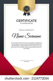 Certificate of appreciation template, gold and red color. Clean modern certificate with gold badge. Certificate border template with luxury and modern line pattern. Business vector template