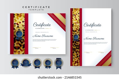 Certificate of appreciation template, gold and red color. Clean modern certificate with gold badge. Certificate border template with luxury and modern line pattern. Diploma vector template