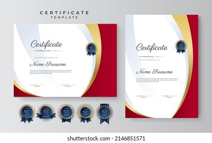 Certificate of appreciation template, gold and red color. Clean modern certificate with gold badge. Certificate border template with luxury and modern line pattern. Diploma vector template