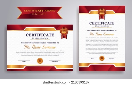 Certificate of appreciation template, gold and red color. Diploma vector template. Certificate border template with luxury and modern line pattern.