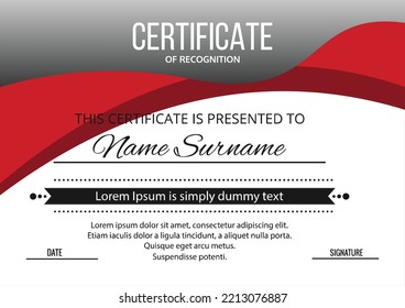 Certificate of appreciation template, gold and red color. Clean modern certificate with gold badge. Certificate border template with luxury and modern line pattern. Diploma vector template