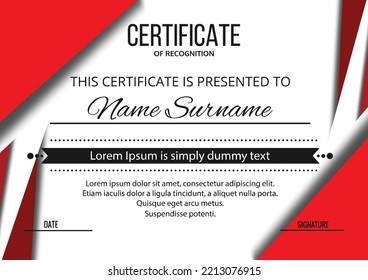 Plantilla de certificado de apreciación, dorado y color rojo. Certificado moderno limpio con insignia de oro. Plantilla de borde de certificado con diseño de línea de lujo y moderno. Plantilla vectorial de Diploma