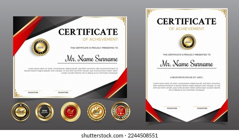 Certificate of appreciation template, gold and red color. Clean modern certificate with gold badge. Certificate border template with luxury and modern line pattern. Diploma vector template