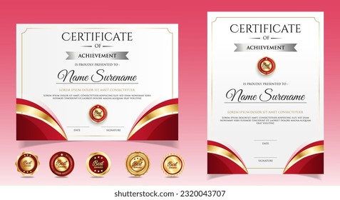 Certificate of appreciation template, gold and red color. Clean modern certificate with gold badge. Certificate border template with luxury and modern line pattern. Diploma vector template