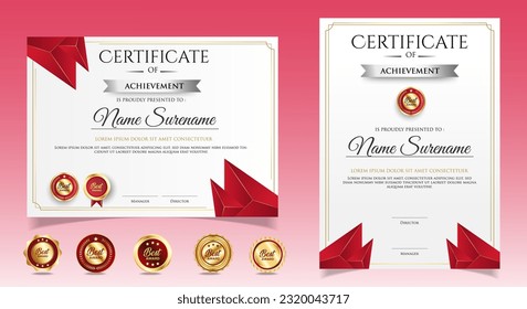 Certificate of appreciation template, gold and red color. Clean modern certificate with gold badge. Certificate border template with luxury and modern line pattern. Diploma vector template