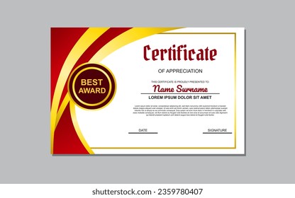 Certificate of appreciation template, gold and red color. Clean modern certificate with gold badge. Certificate border template with luxury and modern line pattern. Diploma vector template