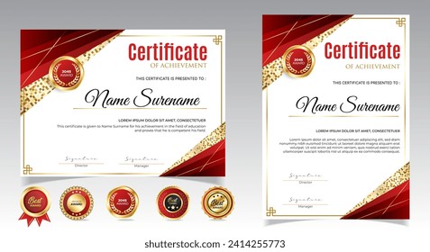 Certificate of appreciation template, gold and red color. Clean modern certificate with gold badge. Certificate border template with luxury and modern line pattern. Diploma vector template