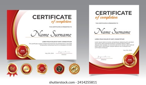 Certificate of appreciation template, gold and red color. Clean modern certificate with gold badge. Certificate border template with luxury and modern line pattern. Diploma vector template