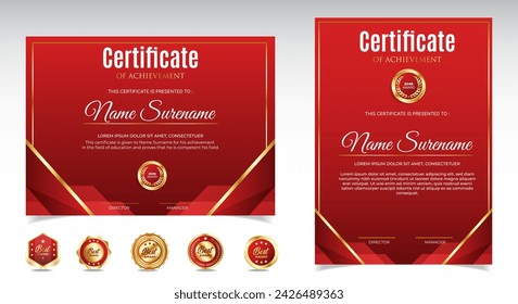 Certificate of appreciation template, gold and red color. Clean modern certificate with gold badge. Certificate border template with luxury and modern line pattern. Diploma vector template