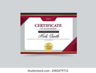 Certificate of appreciation template, gold and red color. Unique modern certificate with gold badge.