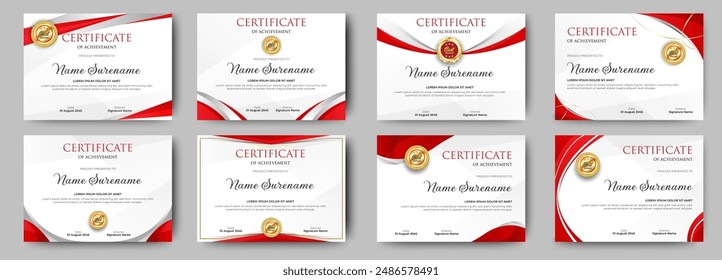 Certificate of appreciation template, gold and red shape color. Clean modern certificate with gold badge. Certificate border template with luxury and modern line pattern. Diploma vector template