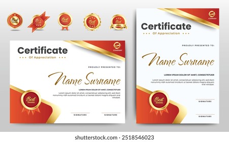 Modelo do certificado de apreciação, cor dourada e vermelha. Certificado moderno limpo com distintivo de ouro. Modelo de borda de certificado com luxo e padrão de linha moderno. Modelo de vetor de diploma