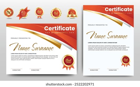 Certificate of appreciation template, gold and red color. Clean modern certificate with gold badge. Certificate border template with luxury and modern line pattern. Diploma vector template