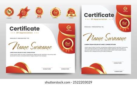 Certificate of appreciation template, gold and red color. Clean modern certificate with gold badge. Certificate border template with luxury and modern line pattern. Diploma vector template