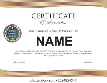 Certificado de apreciación Plantilla, oro y forma roja negro. Certificado moderno limpio con insignia de oro. Certificado de Plantilla de borde con patrón de línea lujoso y moderno. Vector del Diploma