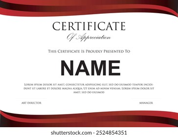 Certificate of appreciation template, gold and red shape black. Clean modern certificate with gold badge. Certificate border template with luxury and modern line pattern. Diploma vector