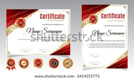 Certificate of appreciation template, gold and red color. Clean modern certificate with gold badge. Certificate border template with luxury and modern line pattern. Diploma vector template