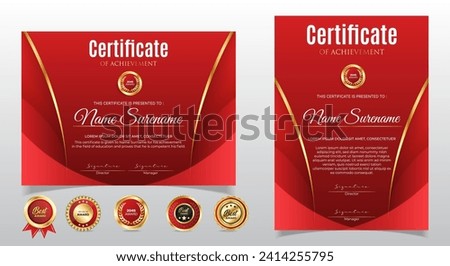 Certificate of appreciation template, gold and red color. Clean modern certificate with gold badge. Certificate border template with luxury and modern line pattern. Diploma vector template