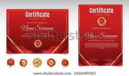 Certificate of appreciation template, gold and red color. Clean modern certificate with gold badge. Certificate border template with luxury and modern line pattern. Diploma vector template
