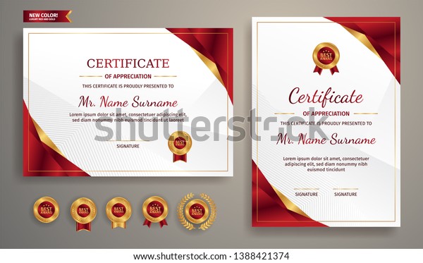 Certificate of appreciation template, gold and\
red color. Clean modern certificate with gold badge. Certificate\
border template with luxury and modern line pattern. Diploma vector\
template