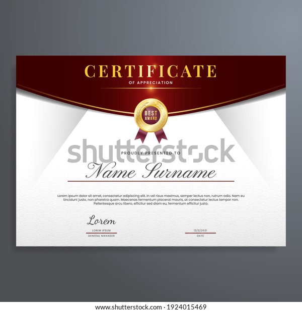 Certificate of appreciation template\
with gold and red color, simple, luxury, and elegant\
design
