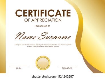 Certificate of appreciation template with gold wavy curved light background and seal. Vector illustration