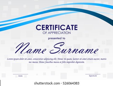 Certificate of appreciation template with gray geometric square pattern and blue dynamic wavy background. Vector illustration