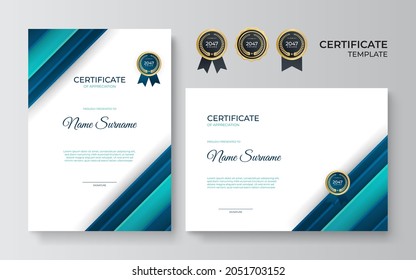 Certificate of appreciation template, green and blue color. Clean modern certificate with gold badge. Certificate border template with luxury and modern line pattern. Diploma vector template