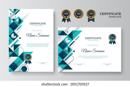 Certificate of appreciation template, green and blue color. Clean modern certificate with gold badge. Certificate border template with luxury and modern line pattern. Diploma vector template