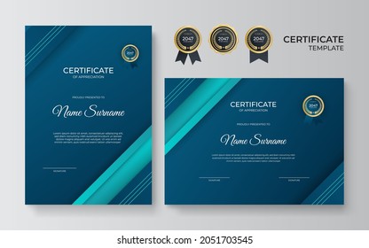 Certificate of appreciation template, green and blue color. Clean modern certificate with gold badge. Certificate border template with luxury and modern line pattern. Diploma vector template