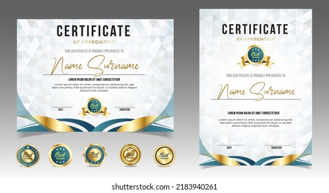 Certificate of appreciation template, green and blue color. Clean modern certificate with gold badge. Certificate border template with luxury and modern line pattern. Diploma vector template