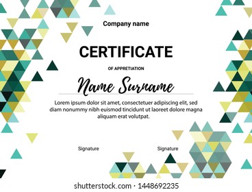 Certificate of appreciation template, green color. Business diploma background for training graduation or course completion. Vector illustration. 