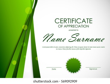 Certificate of appreciation template with green cut paper wavy background and seal. Vector illustration