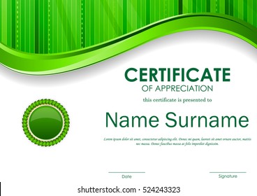 Certificate of appreciation template with green digital wavy stripe surface background and seal. Vector illustration