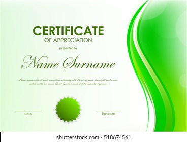 Certificate of appreciation template with green dynamic soft bright wavy background and seal. Vector illustration