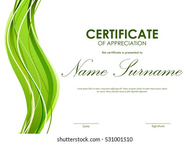 Certificate of appreciation template with green dynamic bright wavy textured background. Vector illustration