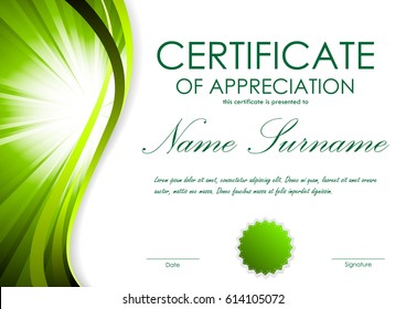 Certificate of appreciation template with green dynamic bright wavy vortex background and seal. Vector illustration
