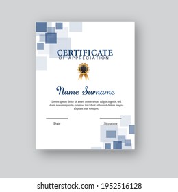 Certificate Of Appreciation Template Layout With Badge In Blue And White Color.