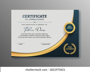 Diseño de plantilla de certificado de apreciación con placa dorada.