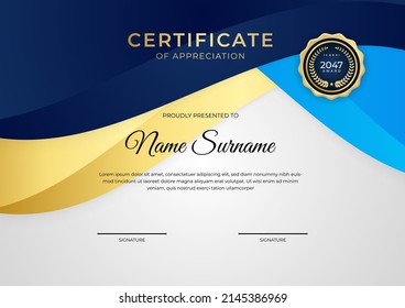 Certificate of appreciation template with modern corporate concept design vector. Dark blue and gold certificate background