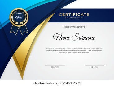 Certificate of appreciation template with modern corporate concept design vector. Dark blue and gold certificate background